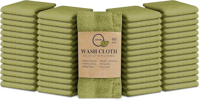 Softolle 100% Cotton Washcloths 60 Pack (12x12 Inches) Soft, Highly Absorbent Washcloth, Face Towels, Wash Cloths for Face, Ring Spun, Bulk Pack (Sage Green)