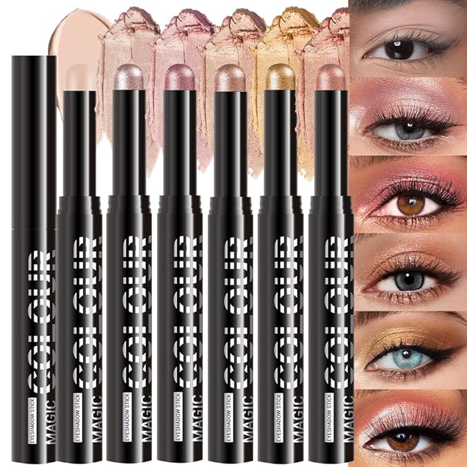 6Pcs Cream Eye Shadow Sticks Makeup for Women, Nude Beige Smoky Pale Rose Gold Rose Gold Champagne Gold Copper Shimmer Matte Eye Shadow Brightener Stick for Eyes, Waterproof Eyeshadow Pencil Set01