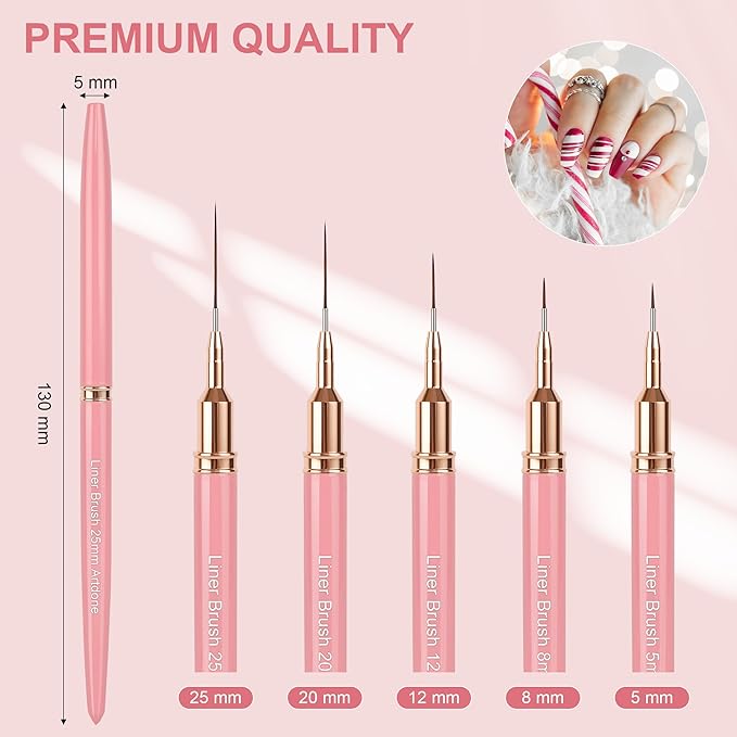 Artdone Metallic Nail Art Pens, Liner Brushes Set, 5PCS Pink Color Nail Tools For Long Lines, Thin Details, Fine Drawing, Liner Brush UV Gel Polish Painting Nail Design Sizes 5/8/12/20/25mm