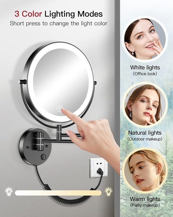 Gospire 9” Wall Mounted Lighted Magnifying Mirror, 1X/10X Magnification Double-Sided LED Bathroom Mirror, 3 Color Lights & Stepless Dimming with Touch Sensor, Extendable Arm 360° Swivel for Shaving
