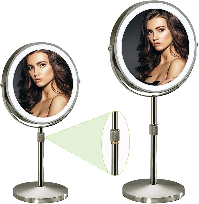 10x Makeup Mirror with Lights, 4000mAh Height Adjustable Lighted Makeup Mirror, Magnifying Mirror with LED Lights,Cosmetic Vanity, Light Up Mirror, Nickel