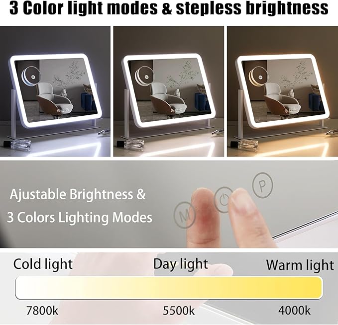 HIEEY Vanity Mirror with Lights, Lighted Makeup Mirror, Three Color Lighting Modes, and 5X Magnification Mirror, Smart Touch Control, 360°Rotation (17.4" x 13.5" White,Gift Box)