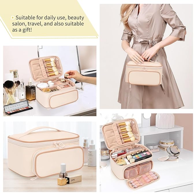 OCHEAL Makeup Bag, Multifunctional Make Up Bags Large Compact Makeup Bag Organizer Cosmetics Toiletry Brushes Storage Case for Women Girls Makeup Case with Handle Divider- Beige