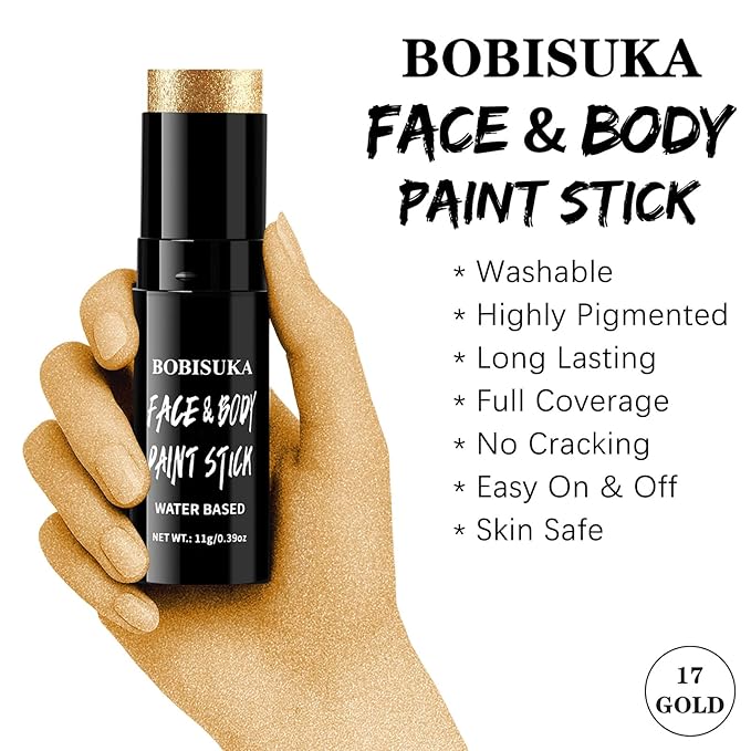 BOBISUKA Metallic Gold Face & Body Paint Stick Water-Based Washable Face Paint Makeup Stick for Halloween Skeleton, Skull, Robot, Goth, Fox,, Cosplay, SFX, Sports Eye Black & Costume Party
