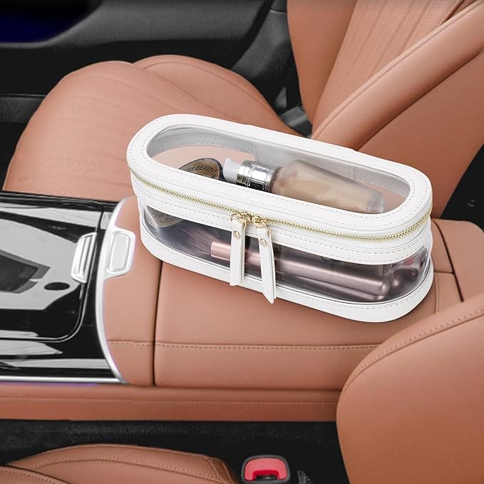 Pinkmik Makeup Brush Case Clear Travel Cosmetic & Toiletry Bag Slim Makeup Bag with Zipper Small Purse Organizer Car Essential Bag for Women (White, SLIM-2)