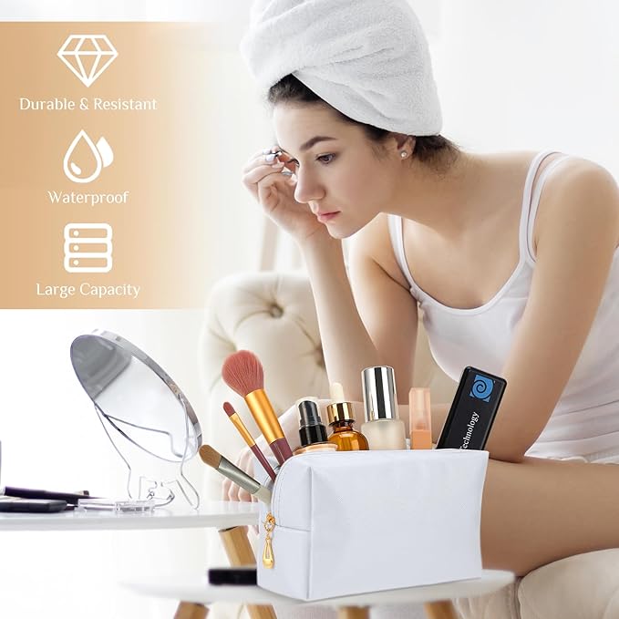 Cunno 50 Pcs Makeup Bag Bulk PU Leather DIY Cosmetic Plain Preppy Makeup Pouch Portable Waterproof Toiletry Bags for Women Travel Pencil Case Cosmetic Organizer (White)