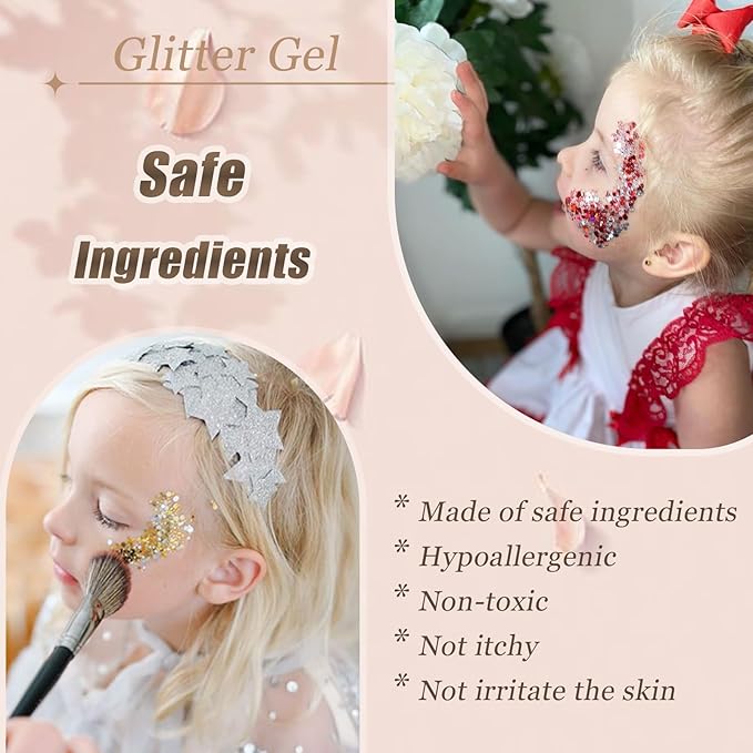 Face Body Glitter, Hair Glitter Sparkles Chunky Face Glitter Gel for Girls Makeup Singer Concerts Mermaid Festival Sequins Face Paint (White+Silver+Pink+Gold+Light Blue)