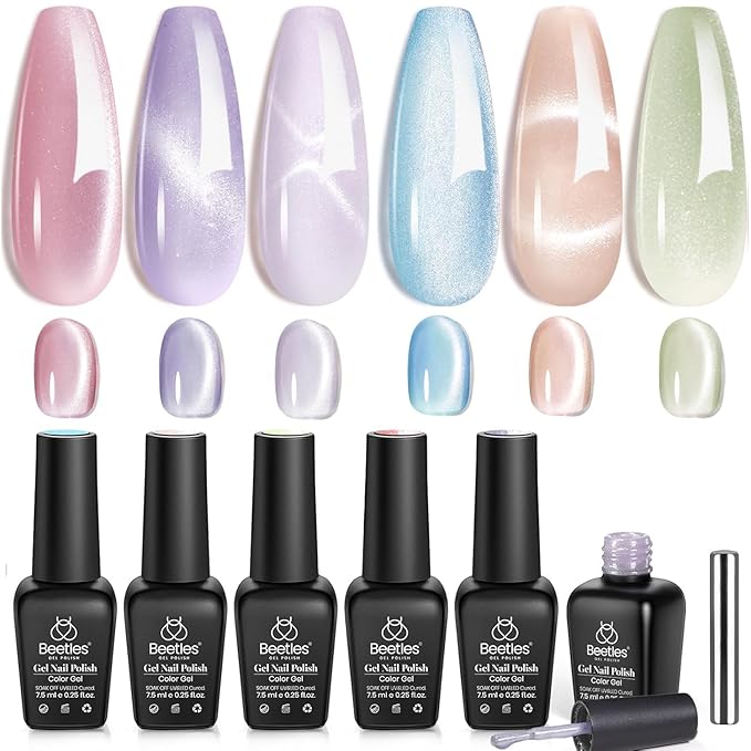 Beetles Cat Eye Gel Nail Polish Set, 6 Colors Jelly Pink Translucent Pastel Blue Purple Orange Green Glass Cat Eye Sheer Gel Polish Kit Soak Off UV Lucite Collection Manicure Gifts for Women