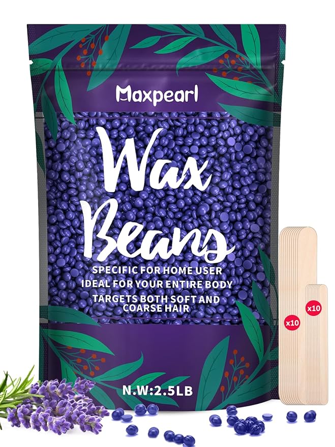 Maxpearl 2.5LB Hard Wax Beads for Hair Removal, Natural Lavender Formula - Brazilian Waxing, Sensitive Skin, Face, Underarms, Legs, Back, Chest and More, with 20 Applicators, Purple