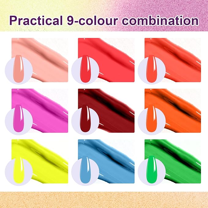 Gradient Painting Gel, 9 Colors Ombre Gel Bright Rainbow Summer Blue Red Pink Sponging for Neon Effect Pigment Pat Nails Aura Nails French Manicure Soak Off UV Fluorescent
