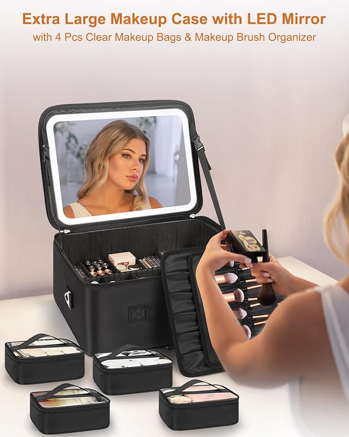 Relavel Extra Large Makeup Case with LED Mirror, Train Cosmetic Case with 4 Small Make Up Bag for Trip, Professional Makeup Organizer Storage with Detachable Dividers for Makeup Artists, Hairstylist