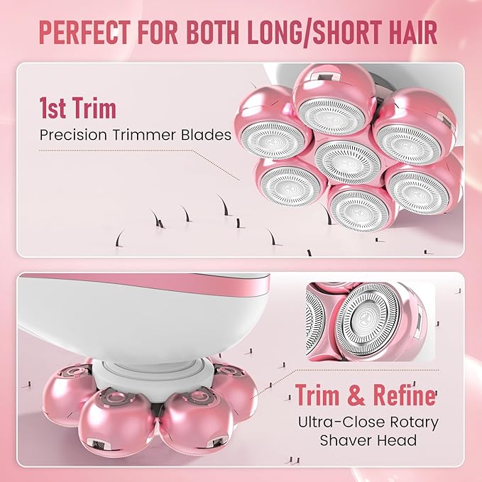 Electric Razors for Women, 7D Rotary Shaver for Legs Bikini Rechargeable, Wet/Dry Hair Removal Kit for Whole Body, Cordless Lady Trimmer Groomer, Wider Shaving Surface, Pink
