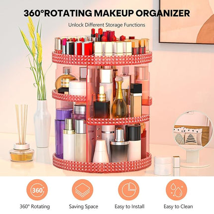 360 Degree Rotating Makeup Organizer, Extra Large Capacity Perfume Holder, Removable 7 Layers Cosmetics Organizer, Make Up Organizer For Countertop Storage Skincare or More (Pink)