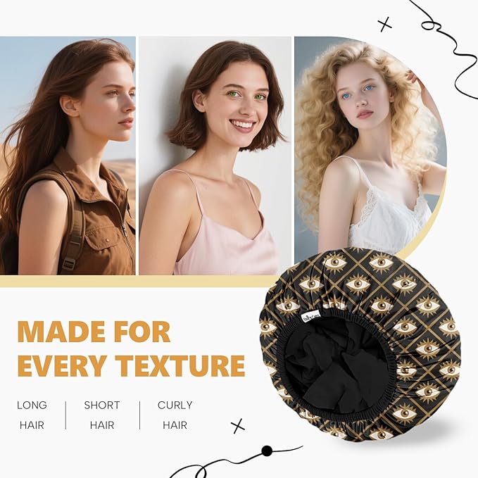 Years Calm Evil Eye Shower Caps for Women Reusable Waterproof, Pattern and Solid Color Dual-Layer Design, Hair Cap for Shower with Elastic Band, Fits Braids, Dreadlocks & Long Hair (Black)