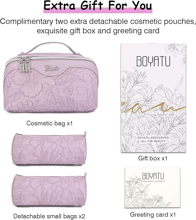 BOYATU Travel Makeup Bags Cosmetic Organizer Bag: 3-Set Large Capacity Make up Bag - PU Leather Toiletry Bags for Women - Wide Open Portable Pouch with Divider & Handle (01-Z-Light Purple)