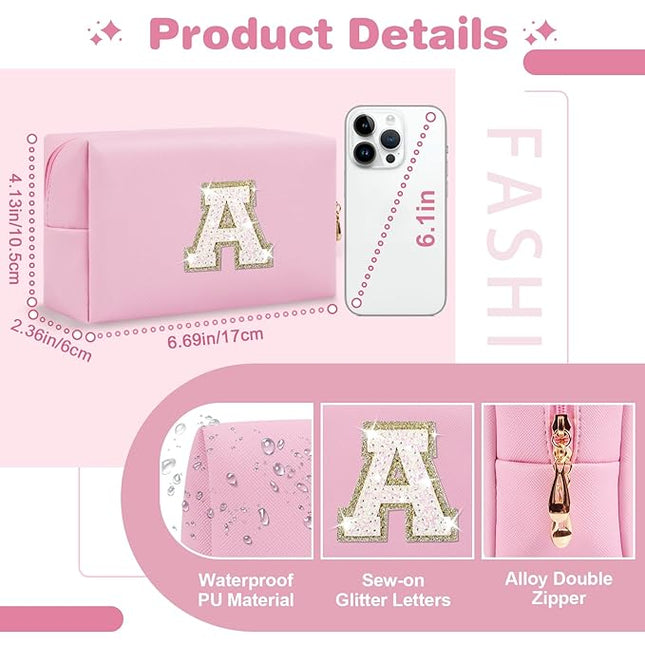 Small Personalized Initial A-Z Patch Makeup Bag,Pink Cute PU Leather Glitter Letter Cosmetic Bag for Teen Girls,Travel Toiletry Bag with Zipper,Preppy Monogrammed Birthday Gift for Daughter Niece A