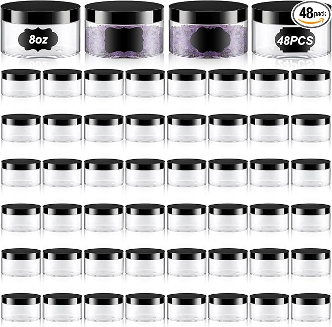 Uiifan 48 Pcs 8 oz Plastic Jars with Lids &labels, Empty Refillable Cosmetic Leak Proof Containers for Cream Body Butters Powder Ointment Lip Scrub(Clear with Black Lids)