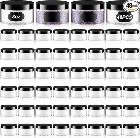 Uiifan 48 Pcs 8 oz Plastic Jars with Lids &labels, Empty Refillable Cosmetic Leak Proof Containers for Cream Body Butters Powder Ointment Lip Scrub(Clear with Black Lids)