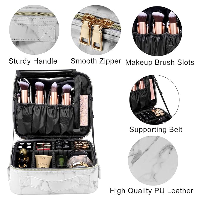 gzcz Travel Makeup Bag 10.2'' Cosmetic Bag Organizer Make up Train Case Portable Brush Artist Storage bag with Adjustable Dividers and shoulder strap for Make up Accessories (Marble White)