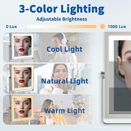 Ruacq Rechargeable Wall Mounted Makeup Mirror with Lights, Double Sided 1X/10X Magnifying Vanity Mirror with 3 Color Light, Touch Screen Dimmable, 360° Rotation Extension Foldable Arm(Brushed Nickel)