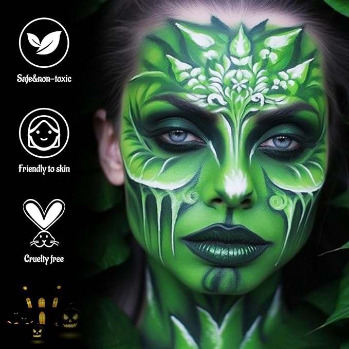 White Black Green Face Body Paint with Applicator, Oil Based Face Painting Kit for Zombie, Monster, Witch Halloween Makeup, Cosplay, Costume, SFX Special Effect and Parties - Compact, Travel Size