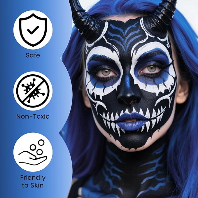 Blue Black White Oil Based Face Paint Kit with Painting Brushes, Professional Full Coverage Greasepaint for Adults Halloween Cosplay SFX Avatar Smurf Mermaid Makeup Stage Theater