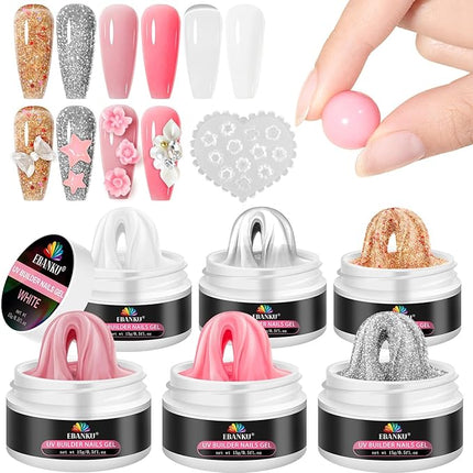 EBANKU Solid Builder Gel for Nail- 6 Colors Gold Hard Gel for Nails Extension Non-Sticky Long-Lasting Solid Gel Kit with 3D Silicone Mold for Valentine Carving Nail Art Salon Home Use