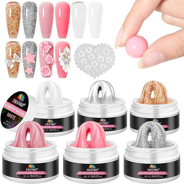 EBANKU Solid Builder Gel for Nail- 6 Colors Gold Hard Gel for Nails Extension Non-Sticky Long-Lasting Solid Gel Kit with 3D Silicone Mold for Valentine Carving Nail Art Salon Home Use