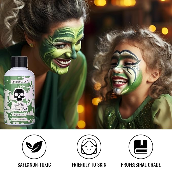 BOBISUKA Light Green Face Body Paint Liquid Texture Washable Non Toxic Facepaint Fast Drying Foundation Makeup for Halloween Witch Camo Hulk Hunting Cosplay SFX Costume St Patrick's Day Party (130ml)