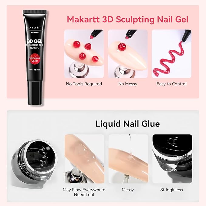 Makartt 3D Gel Nail Art: 3D Sculpting Gel for Nail Art Design 15ml 3 in 1 No Wipe Gel Polish for Drawing Carving Nails Gel, Molding Embossed Gels for Nail Decoration DIY Manicure - Glistening Cheer