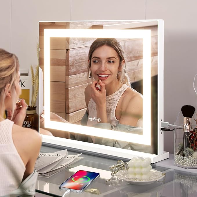 COOLJEEN Vanity Mirror with Lights, 23" x 18" LED Makeup Mirror, Lighted Makeup Mirror with 3 Color Modes, Detachable 10x Magnification and USB Charging, Tabletop & Wall-Mounted