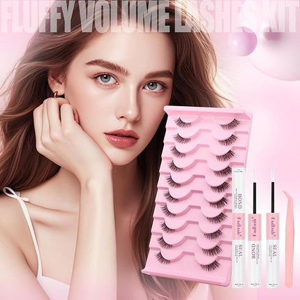 FADLASH False Eyelashes Kit 10 Pairs Faux Mink Lashes Wispy with Lash Bond and Seal and Tweezer Fake Eyelashes Natural Look Handmade Eyelashes Cat Eye Lashes Fake Lashes Strips (BY001 Kit)