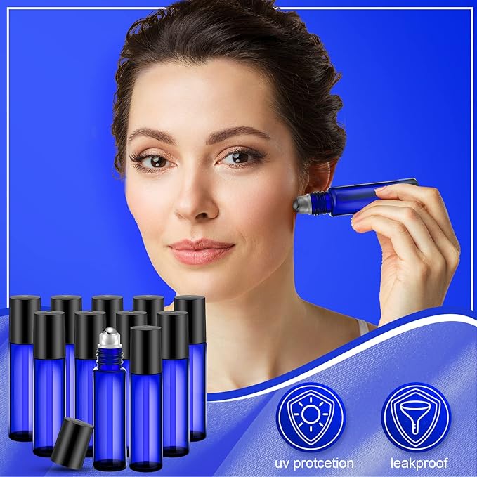 Sumind Essential Oil Roller Bottles - 250 Pcs, 10 ml Glass, Stainless Steel Roller Balls, Leakproof, Funnel Included(Blue)