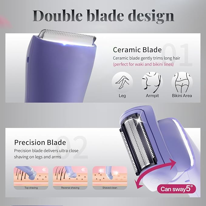 krofaue Womens Bikini Trimmer - 2-in-1 Double Blades Waterproof Womens Electric Shaver for Legs, Underarms, Bikini Line - Wet & Dry USB Rechargeable Bikini Razors for Women with LED Display