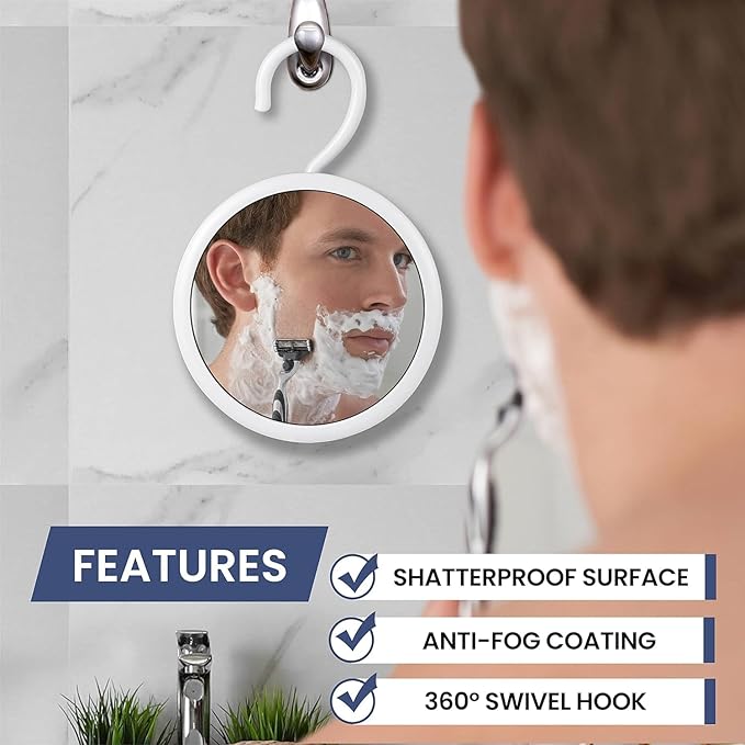 MIRRORVANA Hangable Round Fogless Shower Shaving Mirror with 360° Swivel Rotatable Hook for Hanging and Bonus Anti-Fog Spray - Anti Fog and Shatterproof Surface, 6.7" Diameter