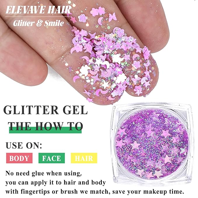 Body Glitter Face Glitter, Hair Glitter for Kids, 12 Shapes Fine Chunky Glitter Gel for Women Girls Makeup Sparkles Party Mermaid Sequins Rave Accessories Singer Concerts Festival (Purple Scheme)