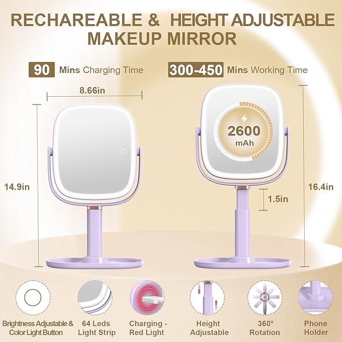 Mocado Makeup Mirror with Lights, 1X/20X Magnifying Mirror with Light, Vanity Mirror with 3 Colors Lights, Height Adjustable Lighted Makeup Mirror, Double Sided 360°Rotation, Memory Function (Purple)