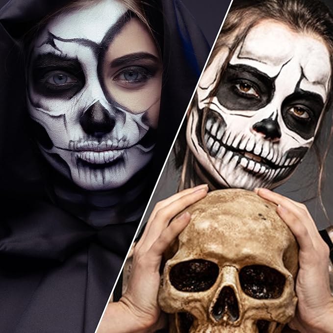 Black and White Face Paint Skeleton Makeup Kit Halloween Character Set for Kids Adults, Safe Non-Toxic Skull/Ghoul Face Painting Kit for Stage, Costume Parties, Dress Up Cosplay & Special FX Make-Up