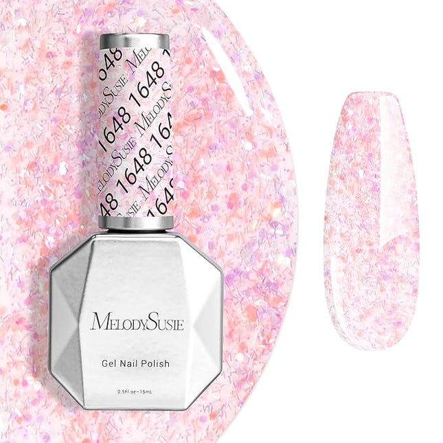 MelodySusie Party Streamer Pink Gel Nail Polish,0.5fl oz Soak Off UV LED Confetti Glow Pink Gel Polish Gift for Women Nail Art Manicure Salon DIY Nail Design Decoration at Home-1648-A2623