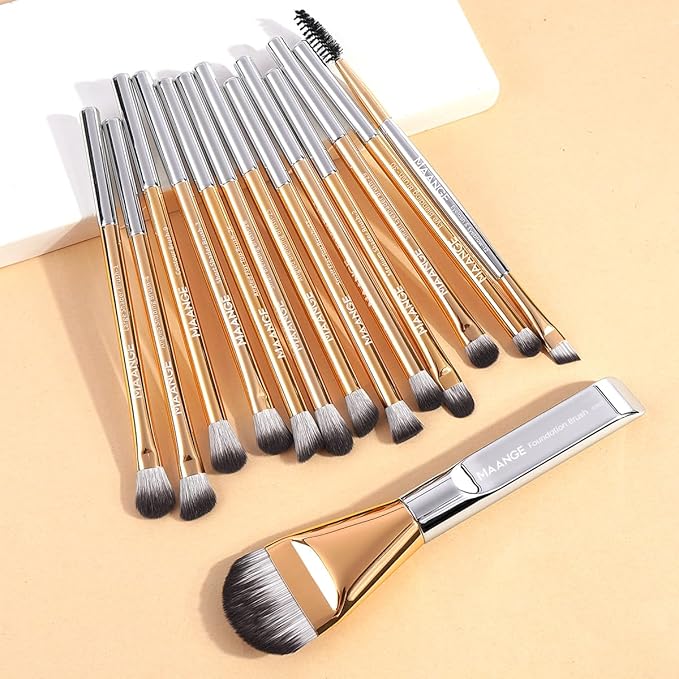 MAANGE 14-Piece Makeup Brush Set with Aluminum Ferrule- Premium Synthetic Makeup Brushes Kit Foundation Brush Eye Shadow for Beginners & Professionals(Gold and Silver)