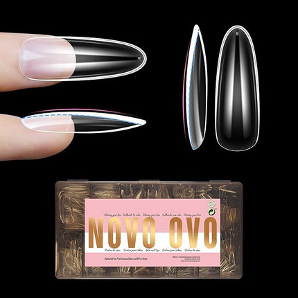 NOVO OVO Long Oval Nail Tips NATURAL (Not SCULPTED) for Flat Nail Beds, Extra Thick L Length False Nails Press on, Full Cover Soft Gel Fake Nail Extension, Salon DIY x 15 Sizes 450 pcs