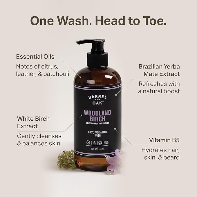 Barrel & Oak All-in-One Wash for Face, Hair, & Body, Vegan & Hydrating Face, Shampoo and Body Wash for Men, Grooming Kit Gifts for Men, Woodland Birch, 16 oz