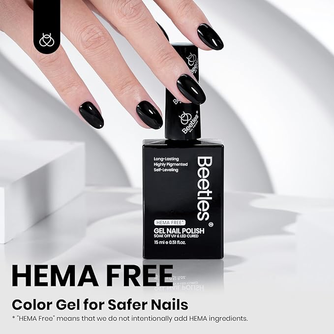 Beetles Black Gel Nail Polish – Hema Free Silent Charm Gel Polish, 15ml Long-Lasting Soak Off UV LED Glossy Manicure for DIY Nail Art