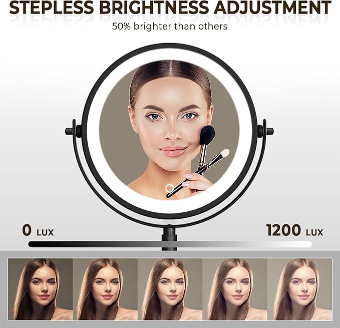 8" Wall Mounted Lighted Makeup Mirror, 3000mAh Rechargeable Double Sided 1X/10X Magnifying Mirror with Hook, 3 Color Lights Touch Dimmable 360° Rotation Vanity Mirror for Bathroom (Black)