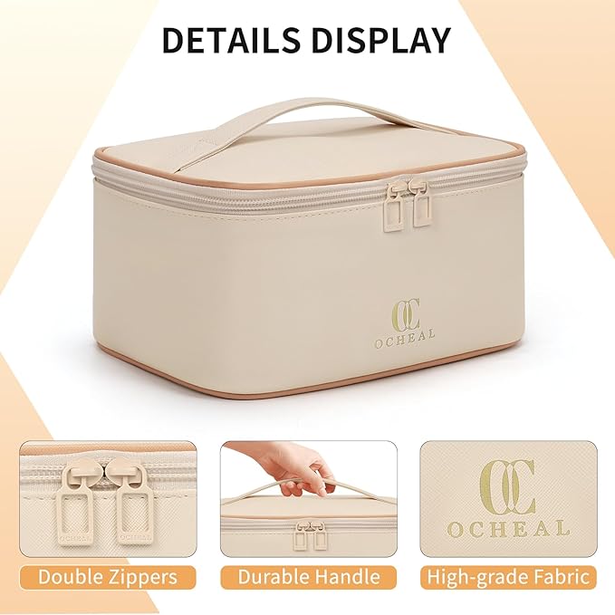 OCHEAL Beige Makeup Bag,Travel Makeup Organizer Bag, Large Capacity Cosmetic Bags For Women Large Travel Toiletry Bag Girls Traveling With Brush Slot And Divider-White