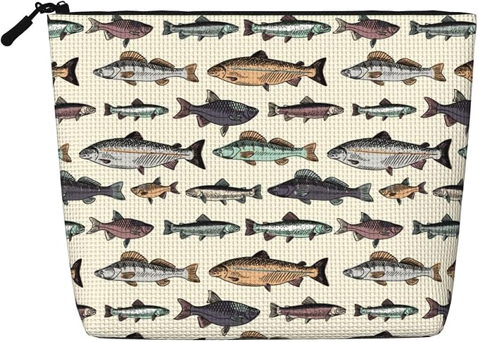 MOLAIGIN Vintage Bass Fish Bait Fishing Cosmetic Bag For Women, Travel Makeup Bag, Toiletry Zipper Bag, Large Capacity Aesthetic Cases