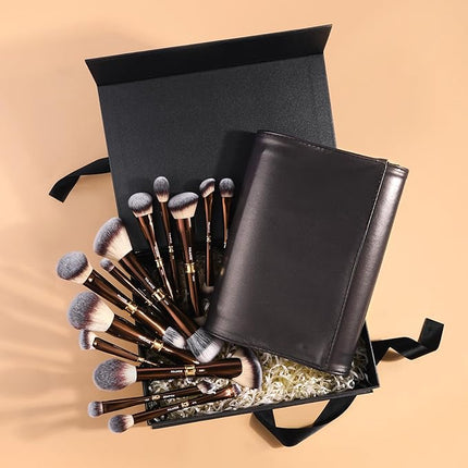 MAANGE Makeup Brush Set with Case Double-ended Makeup Brushes for Foundation Contour Liquid Powder Concealer Eye Shadows Cream Cosmetics Blending Blush Makeup Tools (Coffee Brown, 13 PCS)