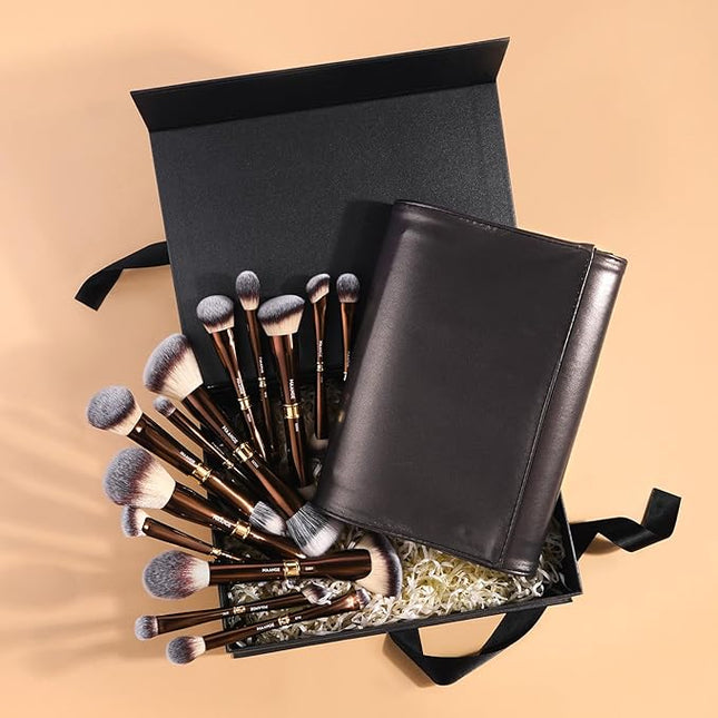 MAANGE Makeup Brush Set with Case Double-ended Makeup Brushes for Foundation Contour Liquid Powder Concealer Eye Shadows Cream Cosmetics Blending Blush Makeup Tools (Coffee Brown, 13 PCS)