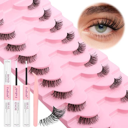 FADLASH False Eyelashes Kit 10 Pairs Faux Mink Lashes Wispy with Lash Bond and Seal and Tweezer Fake Eyelashes Natural Look Handmade Eyelashes Cat Eye Lashes Fake Lashes Strips (BY001 Kit)