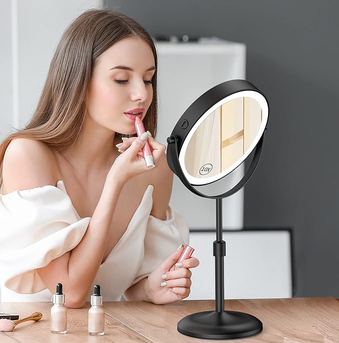 Gospire 7" Lighted Makeup Mirror with Magnification 10X/1X, Height Adjustable & 3 Color Dimmable Lights, 360° Swivel Double Sided Light up Rechargeable LED Cosmetic Vanity Cordless Standing
